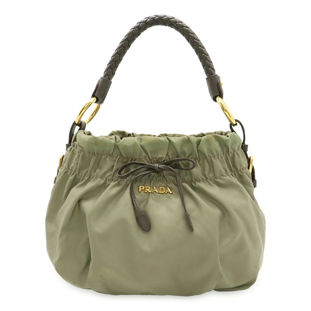 Prada Gathered Ribbon 2way Shoulder Bag Hobo Leather Khaki Green Brown